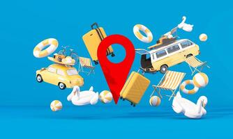 Time to travel. The concept of a summer trip or road trip. Arrange beautiful compositions and space for inserting words Ready to pin the destination using the map on phone. cartoon style 3d render photo