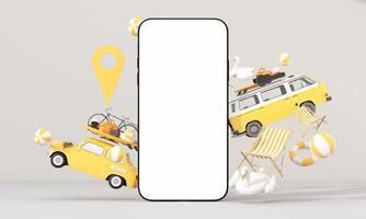 Time to travel. The concept of a summer trip or road trip. Arrange beautiful compositions and space for inserting words Ready to pin the destination using the map on phone. cartoon style 3d render photo