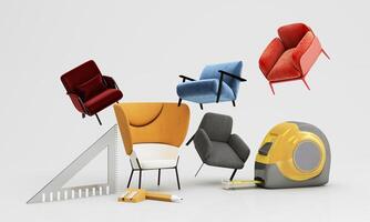 interior design concept Sale of home decorations and furniture During promotions and discounts, it is surrounded by sofas, armchairs and advertising spaces banner. colorful background. 3d render photo
