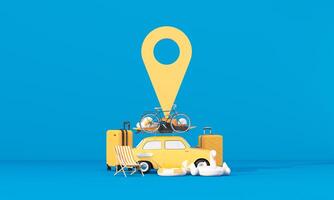 Time to travel. The concept of a summer trip or road trip. Arrange beautiful compositions and space for inserting words Ready to pin the destination using the map on phone. cartoon style 3d render photo