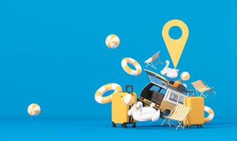 Time to travel. The concept of a summer trip or road trip. Arrange beautiful compositions and space for inserting words Ready to pin the destination using the map on phone. cartoon style 3d render photo