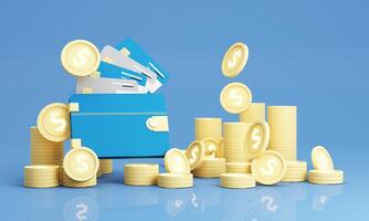 3d render Money wallet with credit card and gold coins, Online payment concept. for future use. Credit card money financial security on mobile e commerce. on blue background. photo