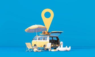 Time to travel. The concept of a summer trip or road trip. Arrange beautiful compositions and space for inserting words Ready to pin the destination using the map on phone. cartoon style 3d render photo