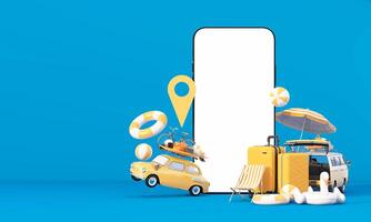 Time to travel. The concept of a summer trip or road trip. Arrange beautiful compositions and space for inserting words Ready to pin the destination using the map on phone. cartoon style 3d render photo