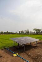 Top view of solar cell panels, an alternative energy source, installed on concrete poles. photo