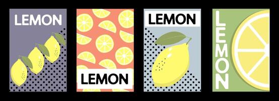 Set of labels, posters and price tags with lemon fruits in a bright minimalistic style. vector