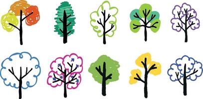 set of trees in doodle style, childish style tree, simple lines with color vector