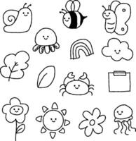 set of flower and animal elements on a transparent background, doodle style, kawaii vector