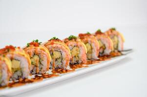 Japanese roll salmon cheese smoked with vegetable filled set photo