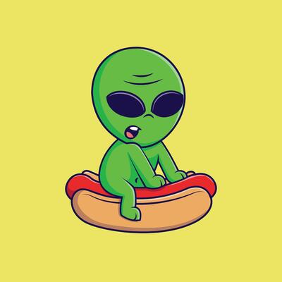 Alien Sitting On A Hotdog Cartoon Icon Illustration. Space Character Food Activities. Flat Cartoon. Suitable for any creative projects.