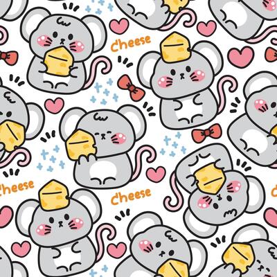 Seamless pattern of cute rat with cheese on white background.Mouse.Hart,bow,text.Animal character cartoon design.Image for card,sticker,baby clothing.Kawaii.Illustration.