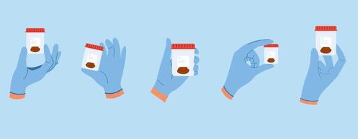 Set of illustrations with stool analysis. Doctor hands in blue gloves hold containers with poop sample vector