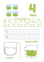 Educational games on one page for kids. Color page, dot to dot, trace. Learn number 4 vector