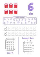 Educational games on one page for kids. Color page, dot to dot, trace. Learn number 6 vector