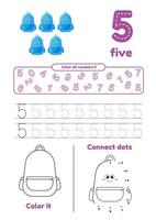 Color page, dot to dot, trace on one page for kids education. Learning number five vector