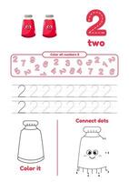 Color page, dot to dot, trace on one page for kids education. Learning number two vector