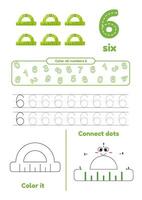 Educational worksheet with color school supplies, dot to dot, trace for kids. Learn number 6 vector