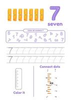 Educational worksheet with color school supplies, dot to dot, trace for kids. Learn number 7 vector