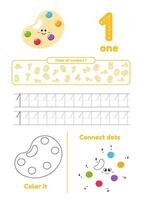 Educational worksheet with color object, dot to dot, trace for kids. Learn number 1 vector