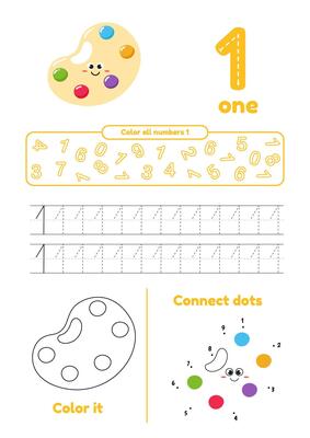 Educational worksheet with color object, dot to dot, trace for kids. Learn number 1