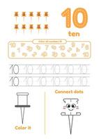 Educational worksheet with color school supplies, dot to dot, trace for kids. Learn number 10 vector