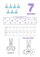 Color page, dot to dot, trace on one page for kids education. Learning number seven vector