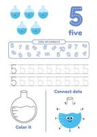 Educational games on one page for kids. Color page, dot to dot, trace. Learn number 5 vector