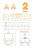 Educational games on one page for kids. Color page, dot to dot, trace. Learn number 2 vector