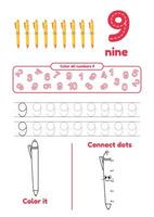 Educational worksheet with color school supplies, dot to dot, trace for kids. Learn number 9 vector