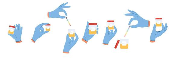 Set of illustrations with urine analysis. Doctor hands in blue gloves hold containers with pee sample vector