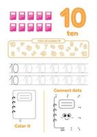Color page, dot to dot, trace on one page for kids education. Learning number ten vector