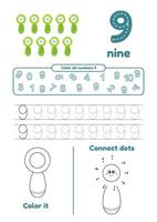 Educational games on one page for kids. Color page, dot to dot, trace. Learn number 9 vector