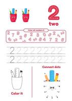 Educational worksheet with color school supplies, dot to dot, trace for kids. Learn number 2 vector