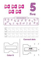 Educational worksheet with color school supplies, dot to dot, trace for kids. Learn number 5 vector