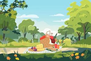 Public garden picnic banner with straw basket full of delicious. horizontal panoramic view with hamper for food and blanket on background of summer city park. Family party invitation on nature vector