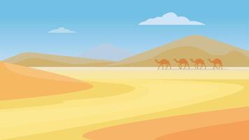 walking through the desert, journey with camels through the desert vector