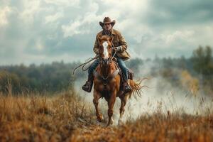 Cowboy riding a horse in the wilderness photo