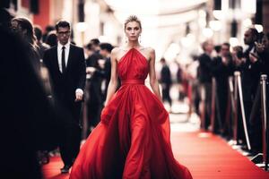 Glamorous woman in red gown at gala event photo
