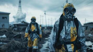 Postapocalyptic survival scene with hazmat suits photo