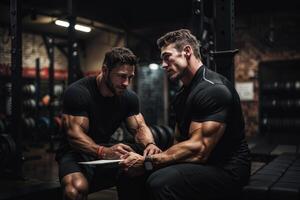 Two athletic men discussing workout plans in a dimly lit gym environment photo