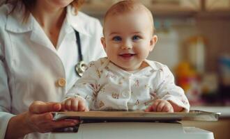 Happy baby being weighed by pediatrician photo