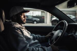Man driving car in urban setting photo