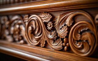 Carved wood floral details adding a touch of elegance and sophistication to furniture photo