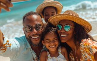 Happy family taking a selfie on the beach while smiling and wearing sunglasses and summer hats photo