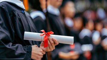 Graduation day, student holding diploma with red ribbon photo
