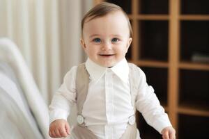 Smiling baby in elegant white outfit photo