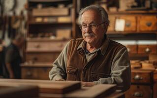 Senior carpenter examining woodworking project photo