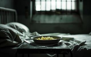 Prison food tray waiting on metal bed frame photo