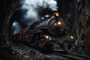 Vintage steam train emerging from tunnel photo