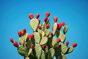Vibrant prickly pear cactus against blue sky photo